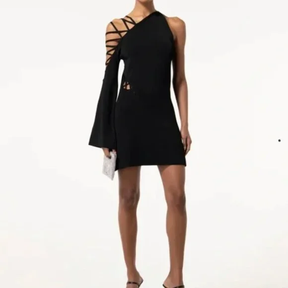 Cult Gaia Nuru Knit Asymmetrical One-Shoulder Mini Dress Black Black NWT Sz M - Picture 2 of 12